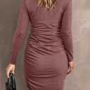 AUXDIO Women Bodycon Long Sleeve Dresses Casual V Neck Ruched Wrap 2026 Spring Fall Party Club Mini Dress (L)