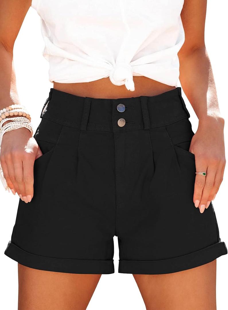 Womens Relaxed Fit Casual High Waist Pocketed Denim Shorts, Black Medium