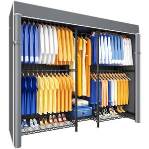 Ulif E12C Pro Heavy Duty Closet Organizer SystemFreestanding Clothing Racks for Hanging ClothesAdjustable Garment Rack 71"W x 16"D x 76.5"H Hold 960lbsBlack Clothing Rack with Grey Dustproof Cover