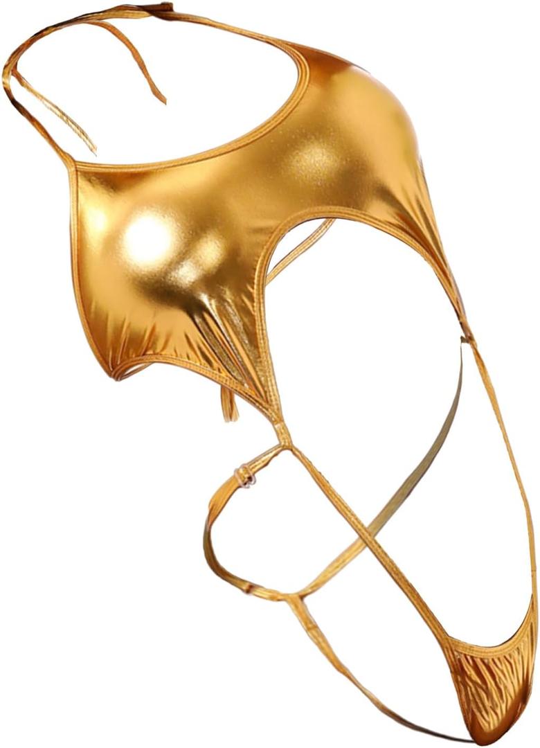 Taube Women Sexy Shiny Metallic Lingerie Wet Look One Piece Exotic Sleepwear (Golden)