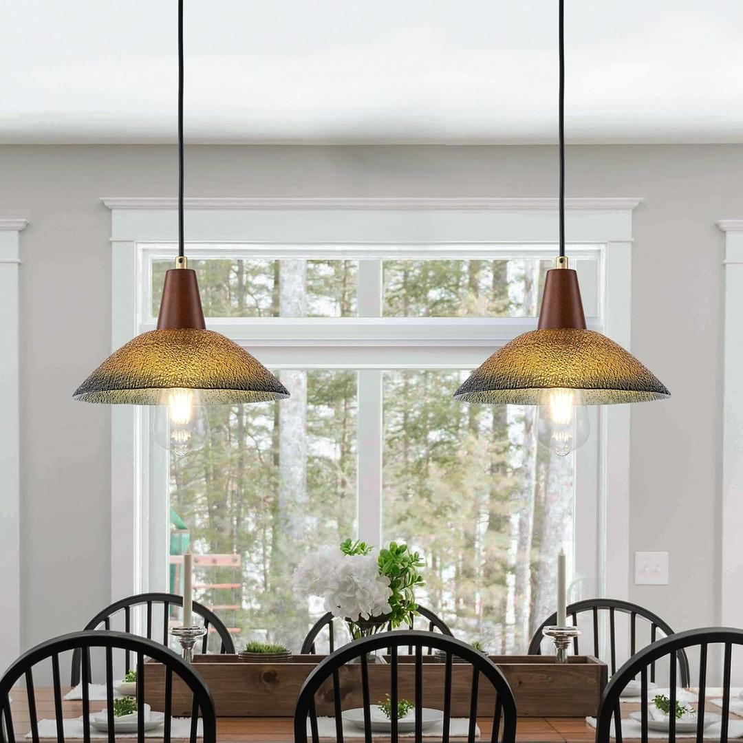 Pendant Lights Kitchen Island 2 Pack 9.84 Vintage Pendant Lighting Textured Glass Shade Small Hanging Lights Fixture Single Farmhouse Chandelier for Dining Room Bedroom Bar, Adjustable Height (gold and wood)