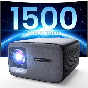 OmniStar L80 4K Projector with WiFi and Bluetooth, 1500 ANSI Lumen Native 1080P Video Projector, Auto Focus/Keystone, 2x15W Speakers, 200" Display Compatible with iOS/Android/HDMI/USB/TV Stick