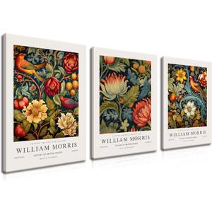 William Morris Canvas Wall Art Set of 3, Vintage Flower and Bird Animal Poster Print Wall Decor Aesthetic, Artist Canvas Painting Flower Wall Art for Bedroom Home Living Room Wall Decor - Framed (Canvas 16x24 in)