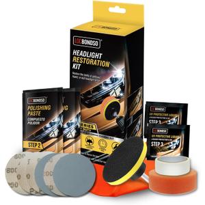 Headlight Restoration Kit, 3-Step Headlight Cleaner, Polish & Restore Yellowed, Oxidized, Cloudy Lens Back to Like-New, Includes Polishing Pastes, Sanding Discs, Protective Coating