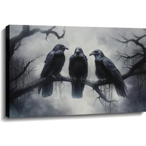 Dark Academia Canvas Wall Art Raven Picture Gothic Forest Black Birds on Tree Branch Poster Halloween Theme for Living Room Bedroom Home Wall Decor Framed(Art-2,16.00x24.00 inch)