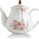 Sweejar Royal Teapot, Ceramic Tea Pot with Removable Stainless Steel Infuser, Blooming & Loose Leaf Teapot (Rose Flower, 28 Ounce)