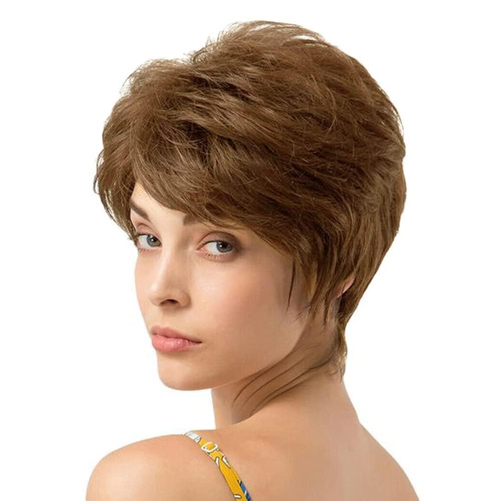 QUEENTAS Pixie Layered Short Chestnut Brown Wig Natural Curl Synthetic Hair Wigs for Women (Olive Brown)