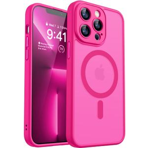 CANSHN Magnetic Compatible with iPhone 13 Pro Max Case, Upgraded [Full Camera Protection] [Compatible with Magsafe] [Translucent Matte] Shockproof Protective Phone Case Cover 6.7 Inch - Hot Pink