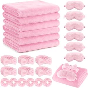 Sleepover Party Supplies for Girls, Spa Slumber Favor with Blanket Headband Eye Mask Hair Scrunchies (Pink 24Pcs)