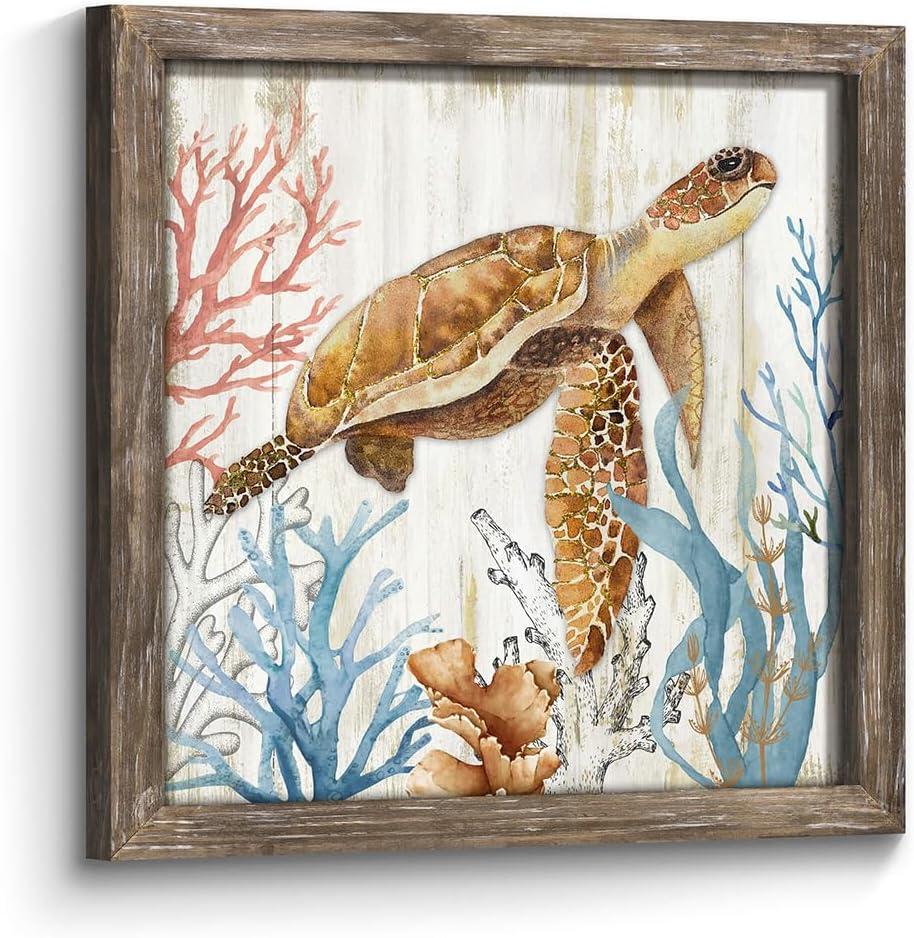 Framed Turtle Wall Art Decor: Wooden Coastal Theme Ocean Life Painting Artwork Seabed Sealife Coral Picture Print Modern Bathroom Bedroom Living Room Kitchen Decoration 24x24 inch