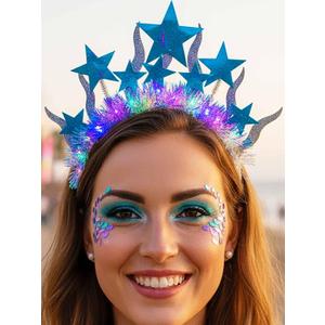 2 x Yokawe Twinkling LED Light Up Stars Tinsel Headband,Silver Glitter Christmas Party Crown, New Year Costume Hair Accessory for Women