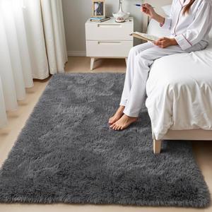 Zentavio Area Rugs for Living Room Small Carpet for Bedroom 3x5 Bedside Washable Soft Fluffy Shag Aesthetic Plush High Pile Throw Rug for Nursery Kids Room Dorm Room Grey