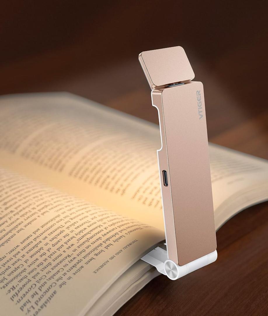 VTIGER Reading Light, USB Rechargeable Book Light for Reading in Bed,Foldable Clip-on LED Booklight, 3 Amber Colors & 4 Brightness Dimmable,Long Lasting Portable Bookmark Lamp for Book Lovers, Kids (Champagne Gold)