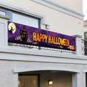 Happy Halloween Banner Halloween Decorations Outdoor Yard Banner Purple Moon Scene Witch Pumpkin Ghost Skull Bat Backdrop 118x20 Inch for Fence Garden Porch Party Wall Decor