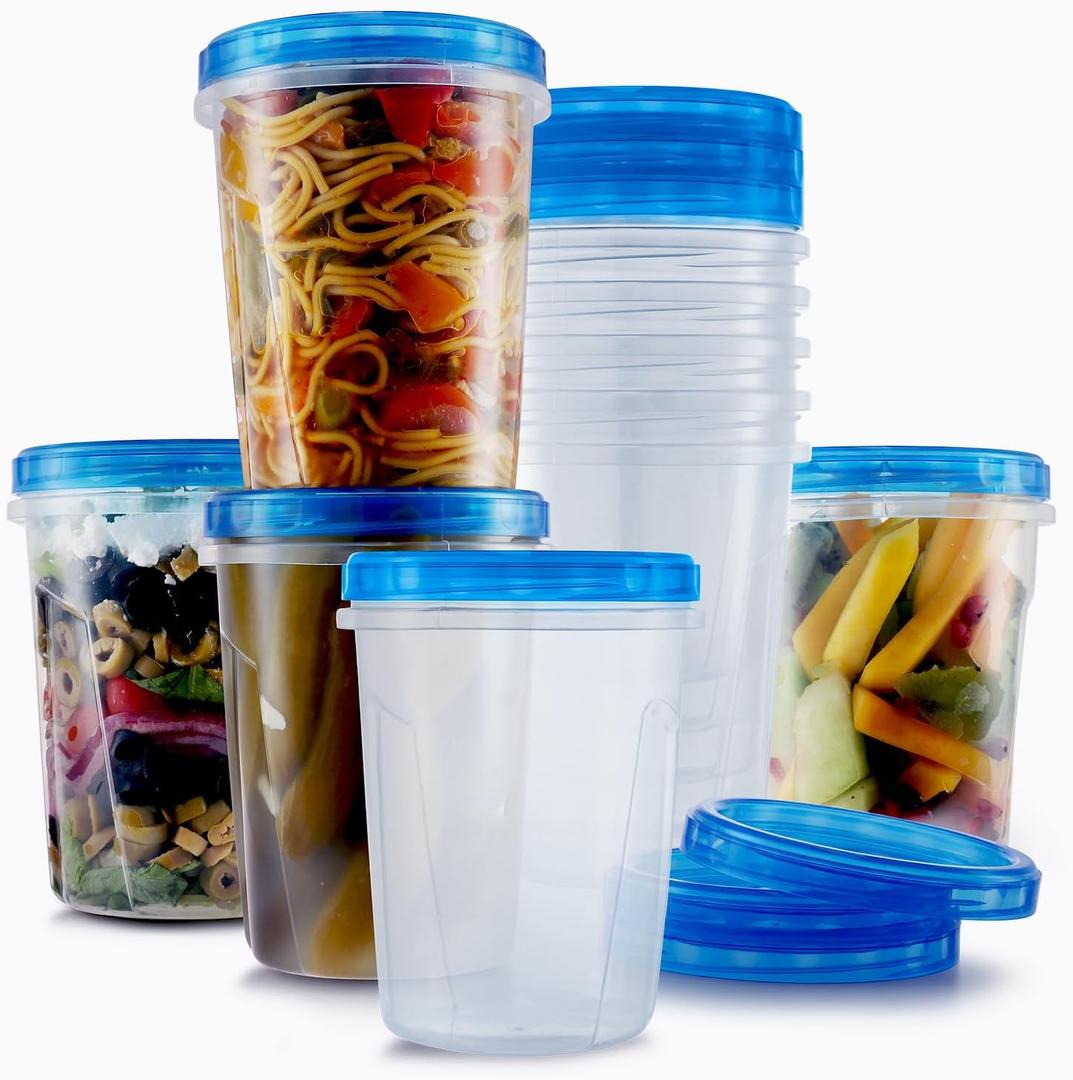 10 Pack Leakproof Freezer Containers for Food with Twist Top Lids - 32 Oz BPA Free Reusable Plastic Soup Containers with Screw On Lids - Ideal for Meal Prep, Leftovers & Pantry Organization