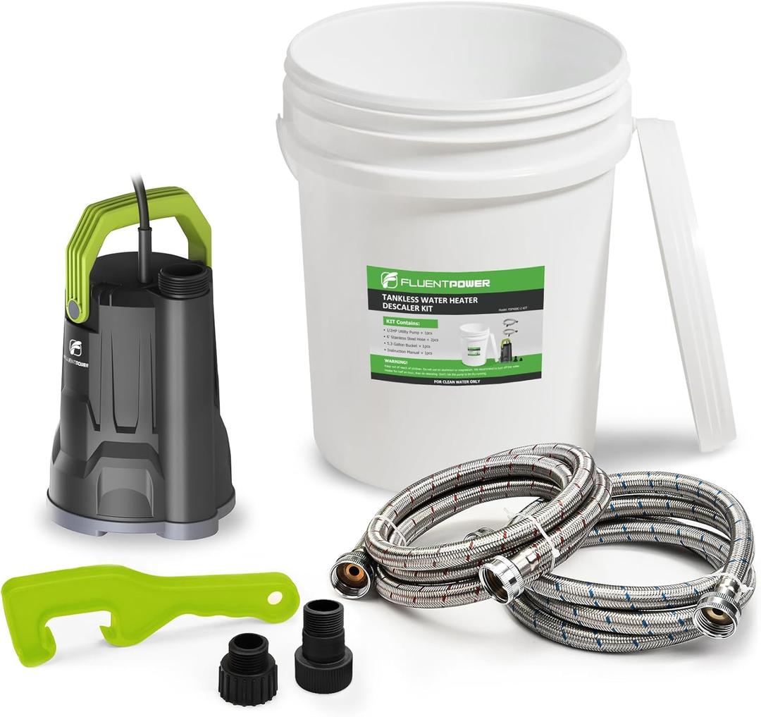 FLUENTPOWER Tankless Water Heater Descaling Flush Kit, Includes 1/2HP Submersible Utility Water Pump with Adapters, 5.3 Gallon Pail with Bucket Lid Opener, Two 3/4"GHT x 6' Stainless Steel Hoses