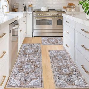 Ileading Boho Kitchen Rugs Sets 3 Piece with Runner Floral Kitchen Floor Mat Carpet Farmhouse Kitchen Rugs and Mats Non Skid Washable Runner Rug for Kitchen Floor Office Sink Laundry, Light Brown (20"x32"+20"x48"+20"x59")