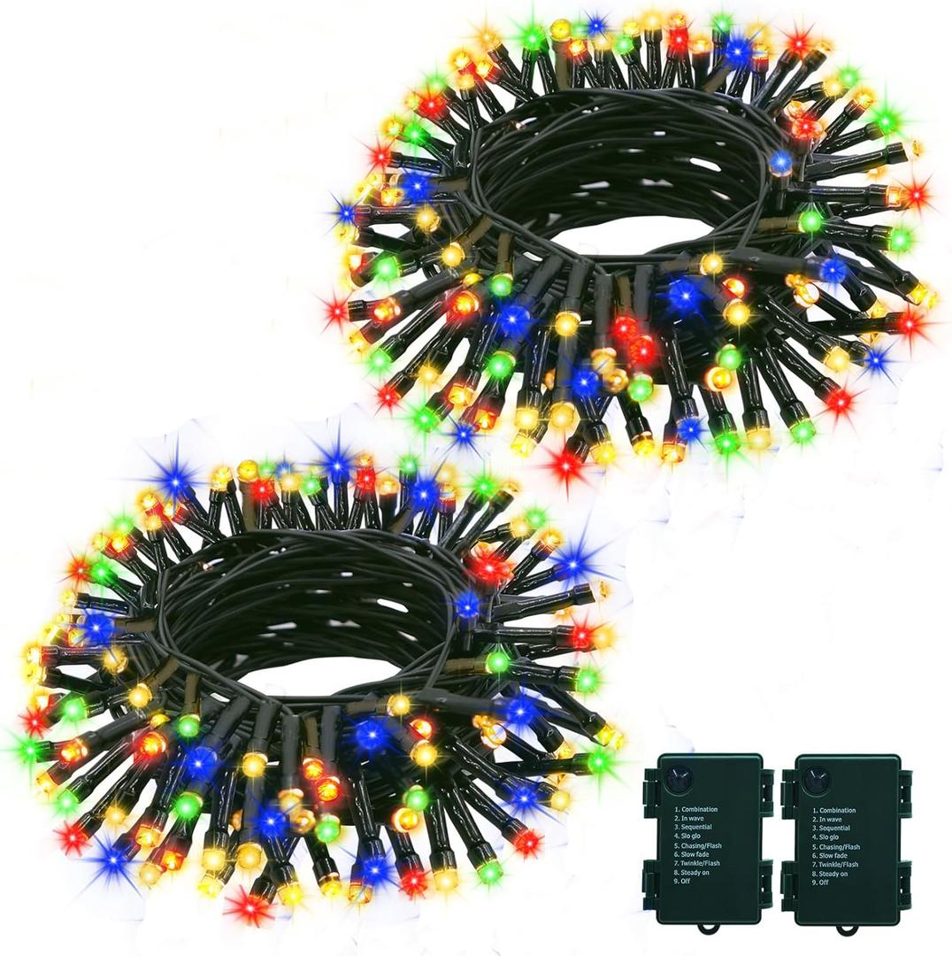 Battery Operated String Lights Outdoor 2Pack 16.4ft Christmas Tree String Light,Green Wire Battery Wreath String Light with Timer 8 Modes for Xmas Tree Party Decoration (Multicolor)