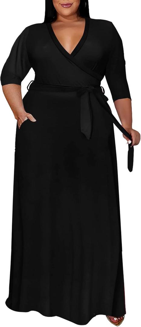 Runwind Plus Size Dress for Women - 3/4 Sleeve V Neck Maxi Dresses for Women Black 3XL