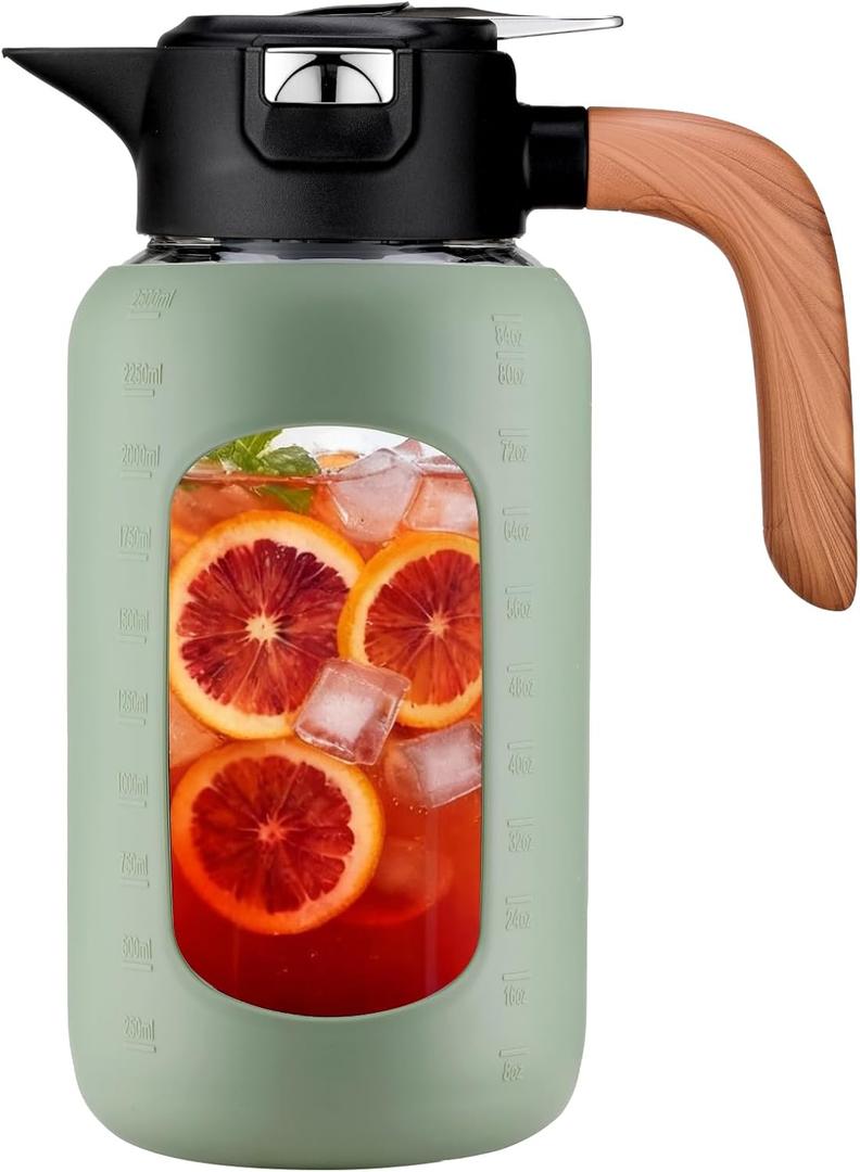 84 oz/2.5 Liter Glass Pitcher with Lid and Handle, Glass Carafe/Jug for Hot/Cold Water, Large Iced Tea Pitcher for Coffee, Juice and Homemade Beverage (Olive)
