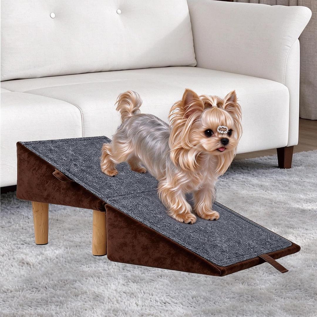 2-in-1 Ottoman Dog Ramp for Small Dogs & Cats - Foldable Wooden Pet Stairs for Low Bed & Ottoman, 11.8" L x 7.9" H, Non-Slip Carpet, Brown