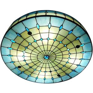 Blue Tiffany Style Ceiling Light, Elegant Stained Glass Flush Mount Ceiling Light, Decorative Round Ceiling Lamp for Bedroom, Entryway (15.7")