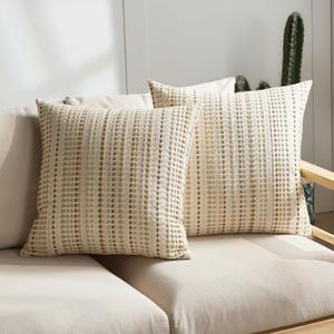 Boho Throw Pillow Covers 20x20 Inch Set of 2 Striped Chenille Farmhouse Decorative Cushion Covers for Sofa Couch Bed Living Room Farmhouse Decor (Beige, 20" x 20" (Pack of 2))