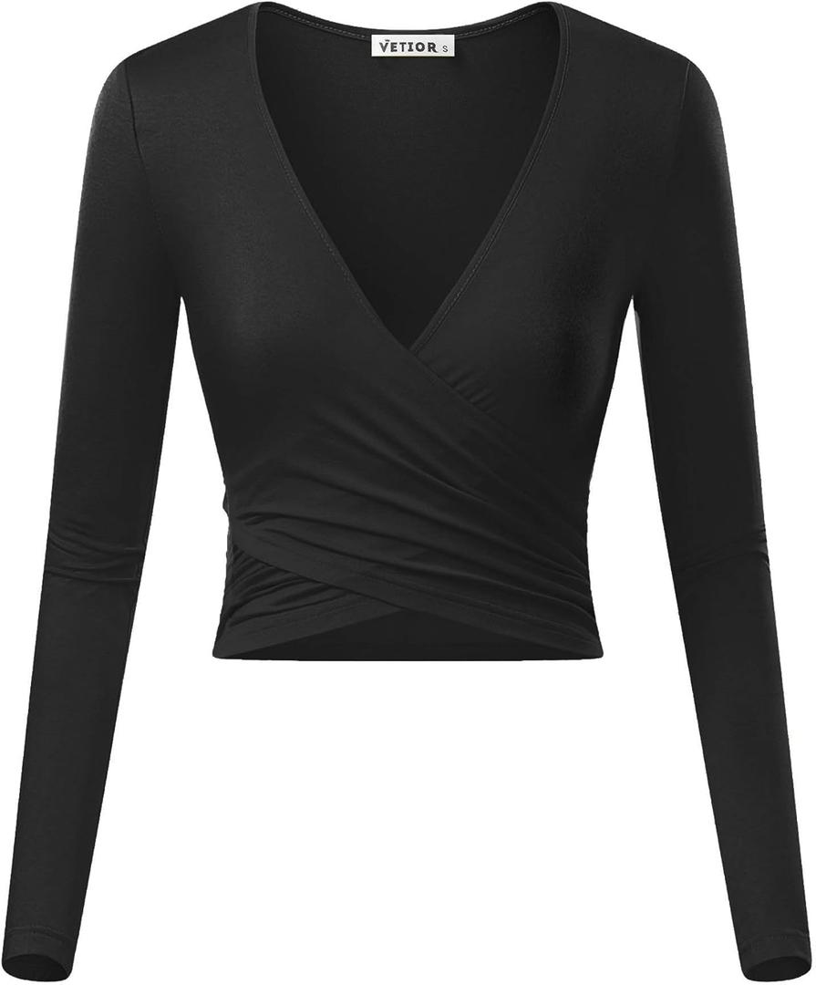 VETIOR Women's Sexy Deep V Neck Short Sleeve Unique Slim Fit Cross Wrap Shirts Crop Tops Going Out Tops (Large, Black-2) VETIOR Women's Sexy Deep V Neck Short Sleeve Unique Slim Fit Cross Wrap Shirts Crop Tops Going Out Tops (Large, Black-2)