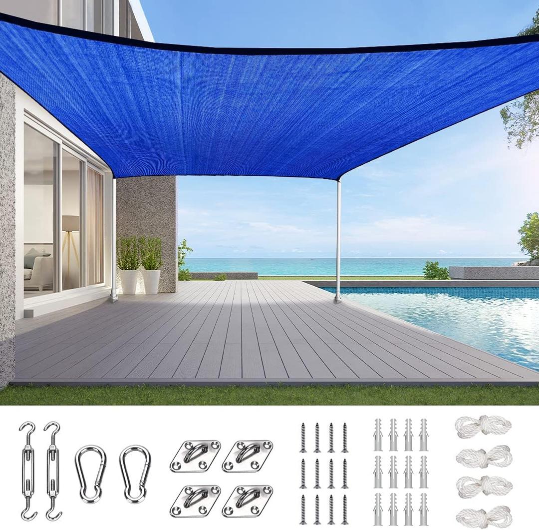 Quictent 20X20FT 185G HDPE Square Sun Shade Sail Canopy 98% UV Block Outdoor Patio Garden with Hardware Kit Blue