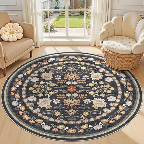 UERMEI 5ft Round Area Rug Living Room Rugs - 5x5 Washable Boho Vintage Floral Large Soft Non Slip Thin Rug Low Pile Carpet for Bedroom Dining Room Kids Playroom Office Decor Indoor- Black Grey