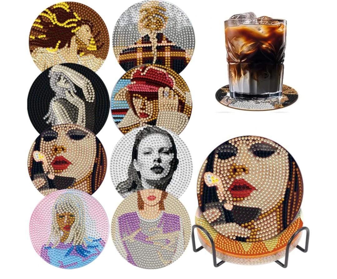 8 PCS Singer Diamond Art Coasters Kits, Pop Star Diamond Painting Coasters with Holder Set of 8, DIY Drink Coasters Art Crafts Supplies for Adults Cup Mat for Home Decor House Warming Gifts Non-Slip