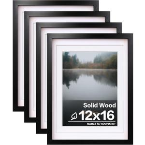 Egofine 12x16 Picture Frames Set of 4, Made of Solid Wood Covered by Plexiglass 9x12 and 11x14 with Mat or 12x16 without Mat, for Wall Mounting Photo Frame Black