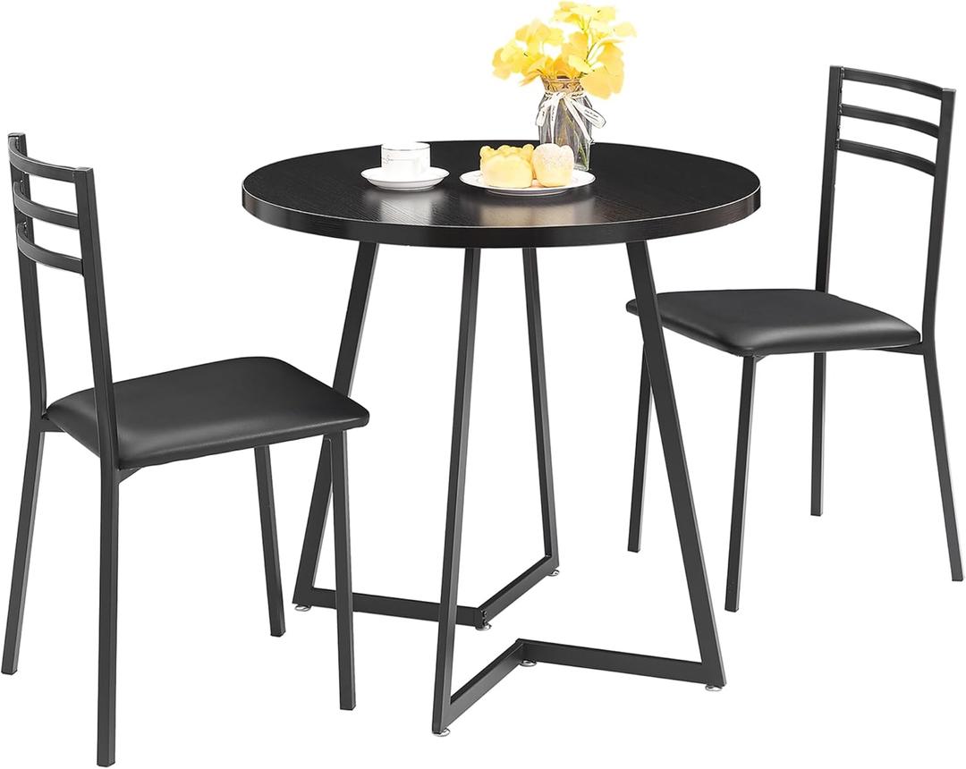 VECELO Small Round Dining Table Set for 2, Heavy-Duty Metal Frame & Upholstered Chair for Breakfast Nook, Kitchen, and Small Space, Black