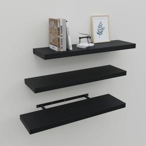Upassion Floating Shelves for Wall Set of 3, 24" Black Wall Shelves for Home Decor, Frame Display Black Floating Shelf for Living Room, Bedroom, Bathroom, Kitchen