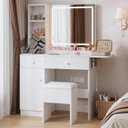 Haewon Vanity Desk Set with Lighted Mirror and Chair, White, Small