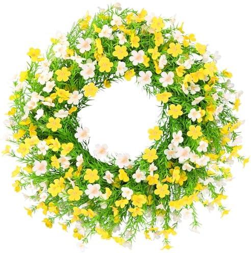 ZHWOSEE 24 Inch whiteYellow Artificial Forsythia Silk Front Door Wreath | Elegant whiteYellow silk flower summer wreath, decor for wall, farmhouse indoor & outdoor home decoration
