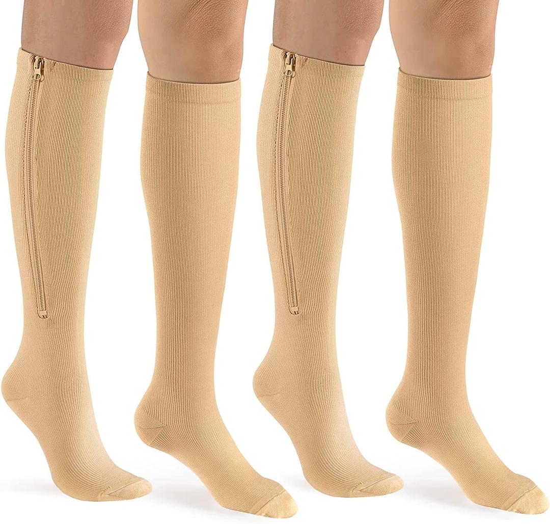 bropite Zipper Compression Socks Women & Men - 2Pairs Calf Knee High 15-20mmHg Closed Toe Compression Stocking (Large-X-Large, Nude)