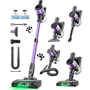 Cordless Vacuum Cleaner, 10 in 1 Stick Vacuum with Powerful Suction, Hose, Green LED Light, Anti-Tangle Brush, Lightweight Rechargeable Vacuum Cleaner for Home, Hardwood Floors, Carpets (Purple)