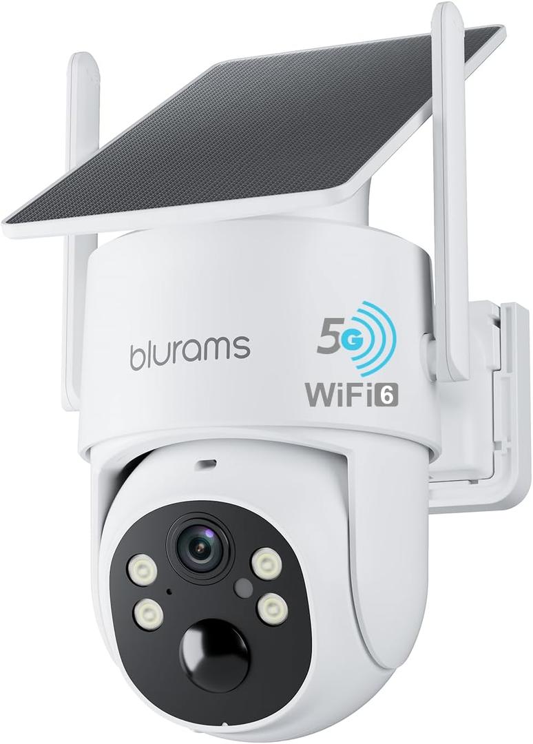blurams 4MP Security Cameras Wireless Outdoor, 100% Wire-Free Pan/Tilt Outdoor Camera with Fixed Solar Panel, 360° View, Dual-Band WiFi 6, Human Detection, IR/Color Night Vision, Work with Alexa