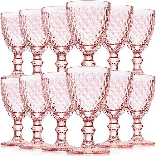 Lallisa Pink Wine Glass Set of 12 Vintage Glassware Pink Goblets 8 oz Embossed Drinking Glass with Stem High Clear Stemmed Cups Goblet for Wedding Party Banquet Feast Bar, Daily Use