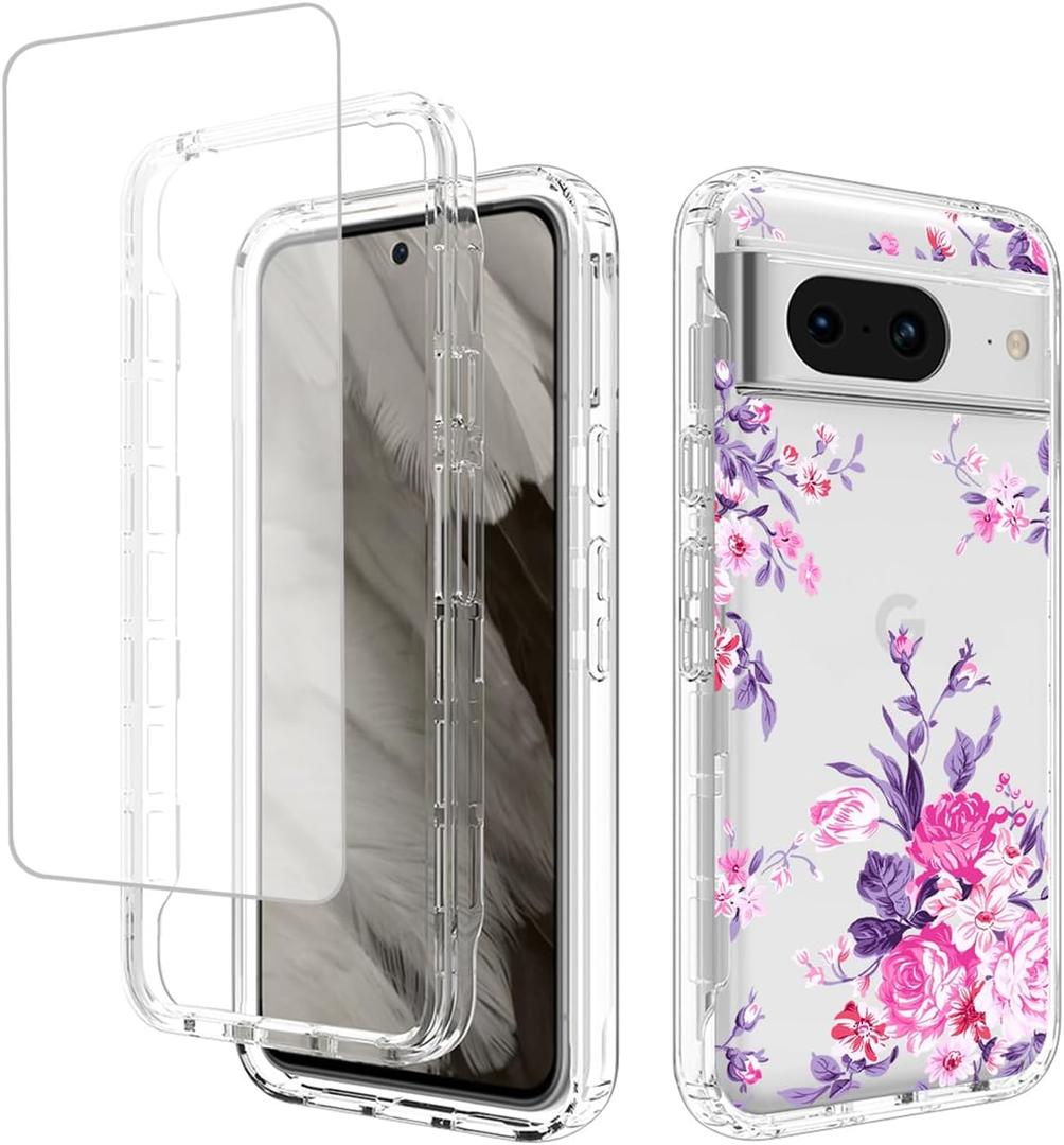 Case for Pixel 8 Case, Google 8 GKWS6 G9BQD with Tempered Glass Screen Protector, Floral Design Shockproof Bumper Full Body Protective Cell Phone Cover for Google Pixel 8 Rose