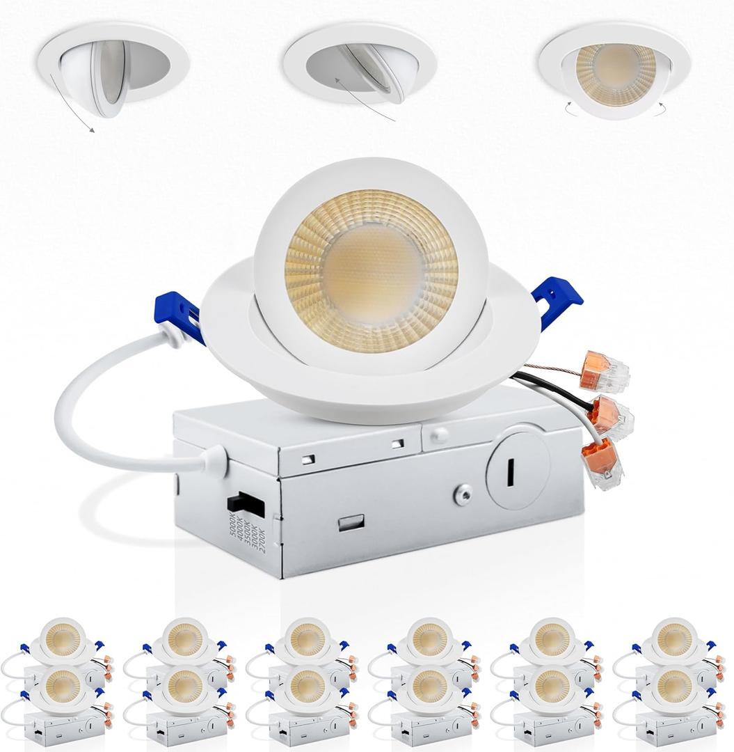 Adetu 3 Inch Gimbal Led Recessed Lighting, 360+90 Adjustable Directional Recessed Lights, 2700K/3000K/3500K/4000K/5000K Dimmable Retrofit Eyeball Can Lights with Jbox,ETL (White,12 Pack)