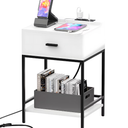 Facofaco White Nightstand with Charging Station and USB Ports, 3-Tier End Table with Wood Drawer Storage Shelf, Tall Small Bed Side Table for Small Spaces Living Room, Bedroom