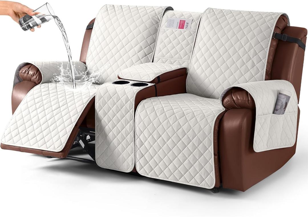 KinCam 100% Waterproof Recliner Loveseat Cover with Console, Non-Slip Reclining Couch Covers for 2 Seat, Recliner Sofa Cover Furniture Protector with Elastic Straps for Kids, Pets, Beige White, 22"D x 70"W x 40"H