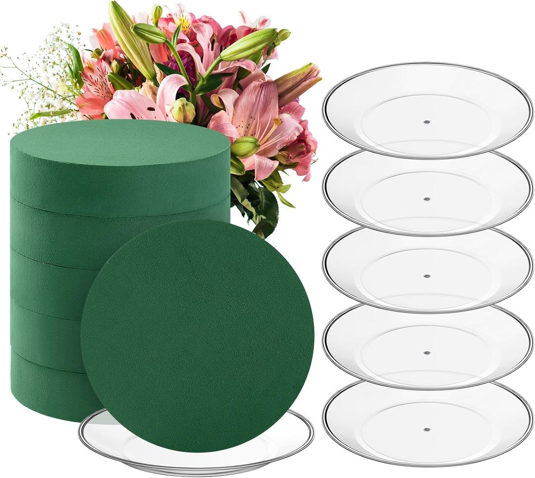 6 Sets Round Floral Foam and Clear Plastic Saucer Plant Drip Tray Floral Flower Dish Green Foam for Artificial Flowers Wedding Home Party Decoration (7.5 Inches)