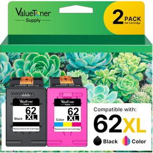 BKBKC Compatible 62XL Ink Cartridge Replacement for HP Envy 5540 5549 5640 5660 7640 OfficeJet Mobile 250 200 OfficeJet 5740 5741 8040, Black, TriColor, 2Pack