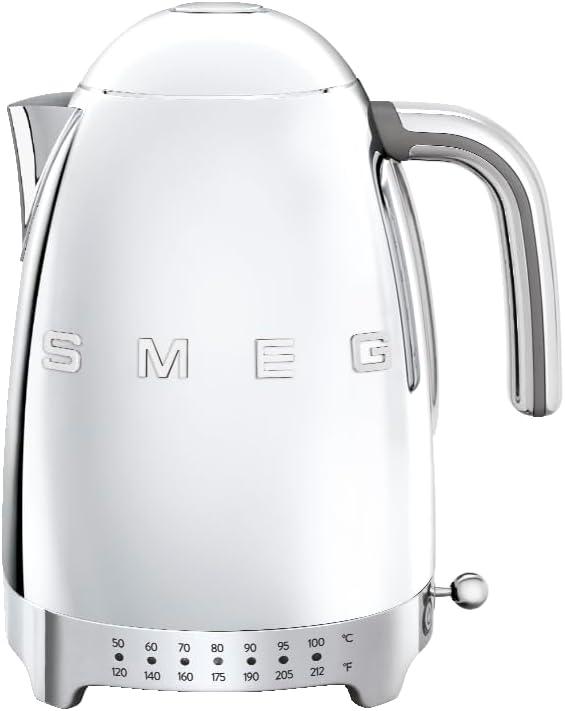 SMEG 7-Cup Variable Temperature Electric Kettle - Retro Style Aesthetic with Advanced Technology - Stainless Steel, 1400W, 120V, 360 Swivel Base, Keep Warm Function (Silver)