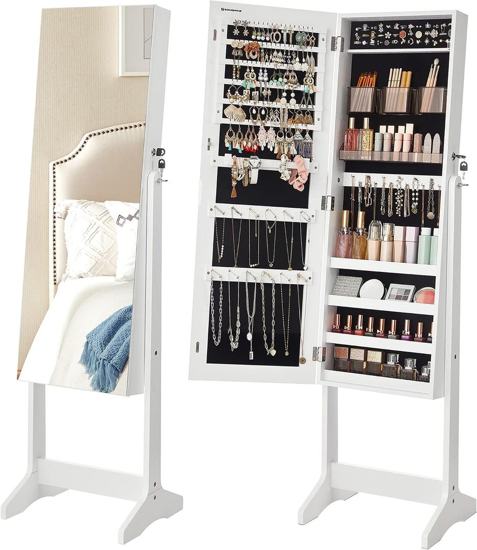 SONGMICS Jewelry Cabinet Armoire, Freestanding Lockable Storage Organizer Unit with 2 Plastic Cosmetic Storage, Full-Length Frameless Mirror, for Necklace Earring, White UJJC002W01