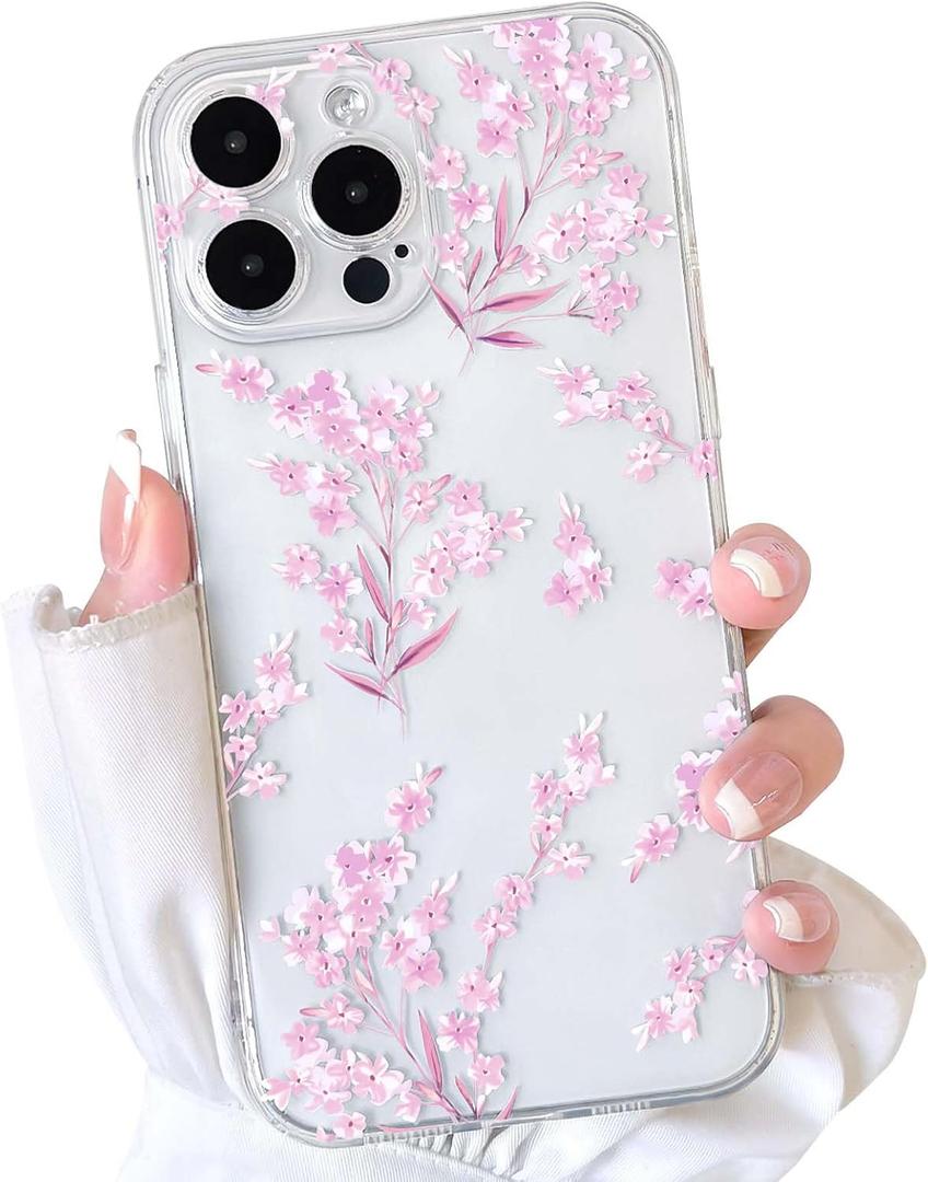 2 x NITITOP Compatible with iPhone 13 Pro Case Cute Clear Flower Floral Artistic Design for Women Girls Stylish Slim Soft TPU Shockproof Protective Girly Phone Cover - Pink