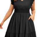 Women's Black Dress Plus Size Summer Casual Boho V Neck Ruffle Sleeve Flowy Short Sundress Pockets Beach 18W